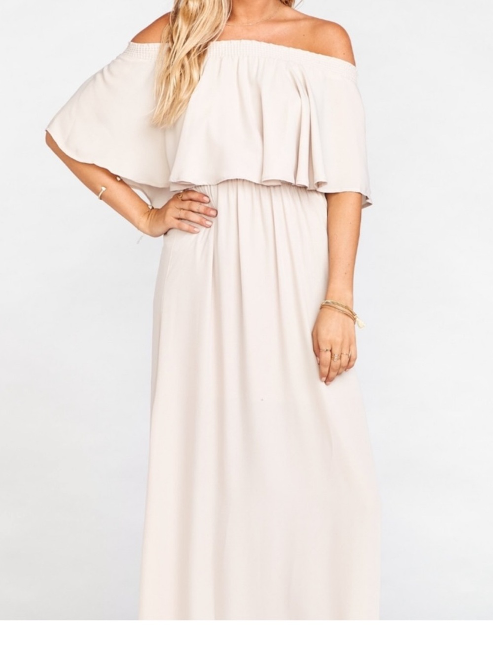 Show Me Your Mumu One-Shoulder Ruffle Maxi Dress in Light Beige